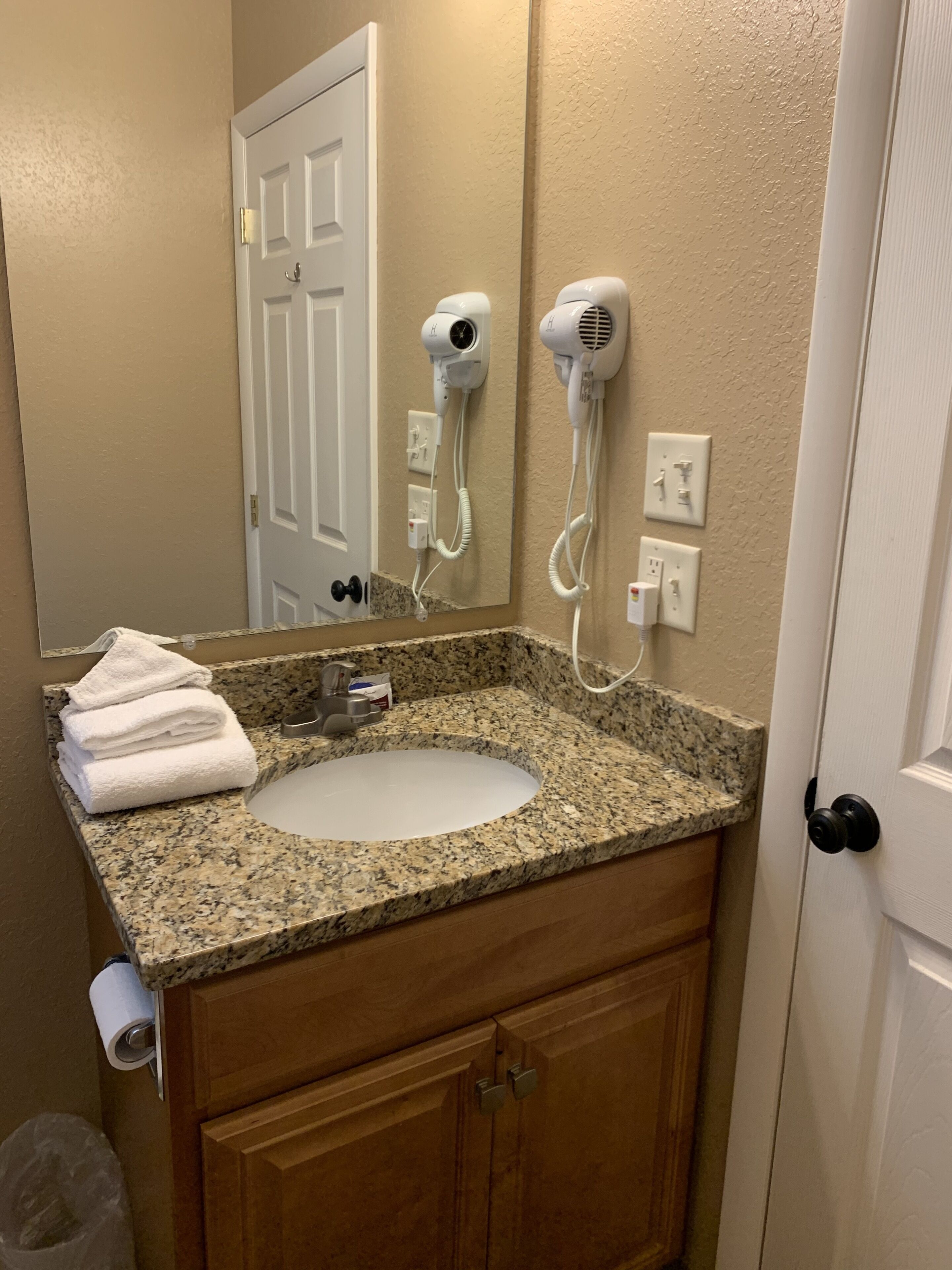 cottage | bathroom | hair dryer, towels, soap, shampoo