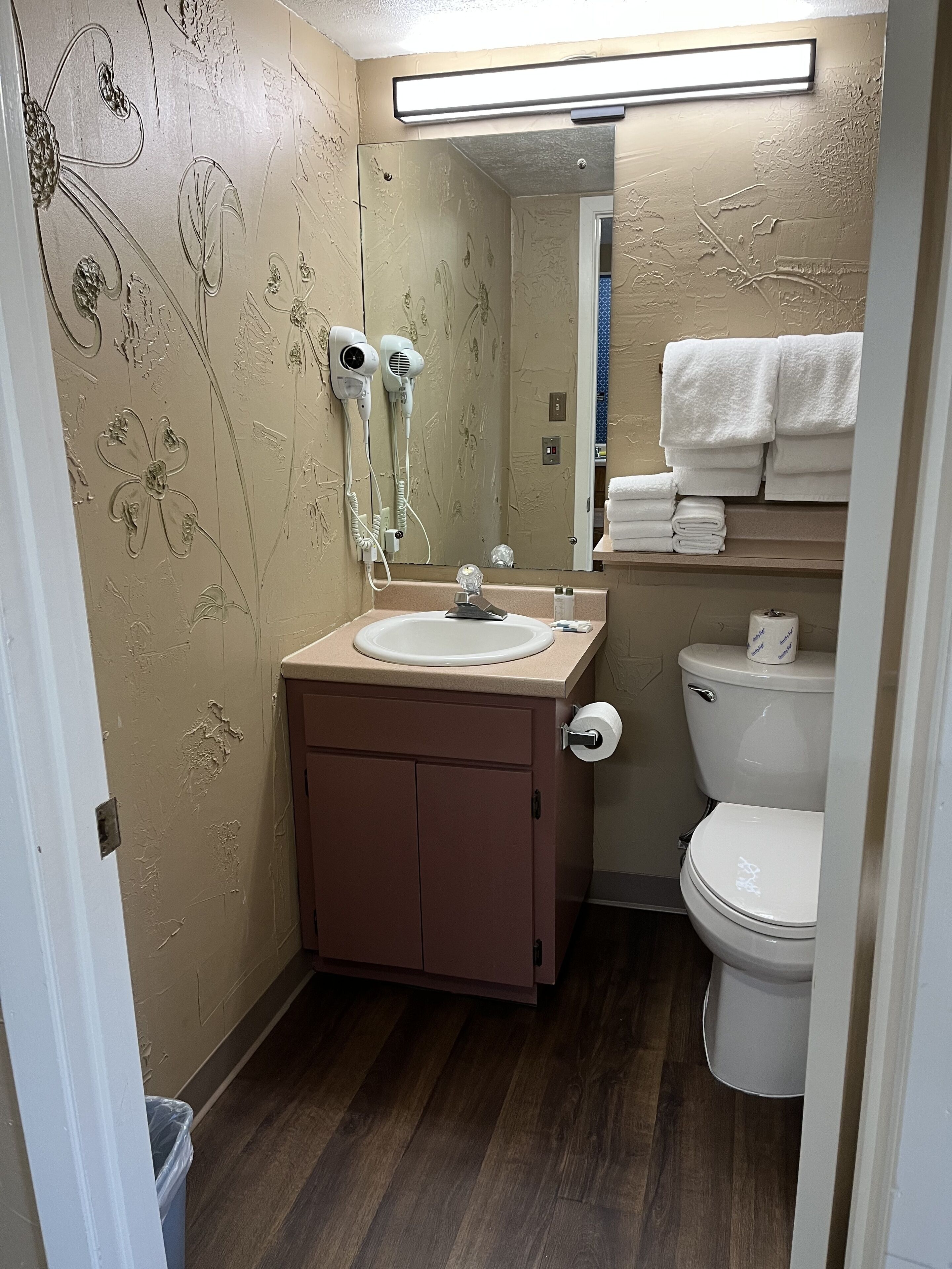 A bathroom with a sink, mirror, hairdryer, and toilet.