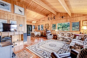 TV, fireplace, books, stereo