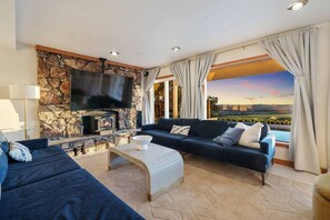 Smart TV, fireplace, books