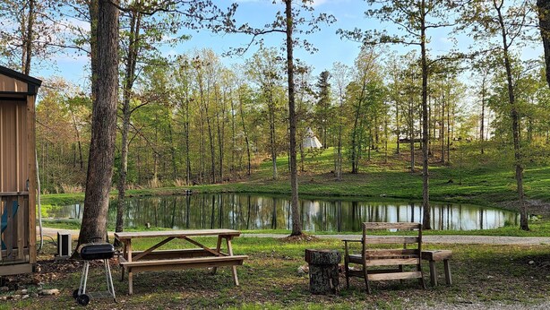 Une cabane avec une table de pique-nique et des bancs, située près d’un étang entouré d’arbres.