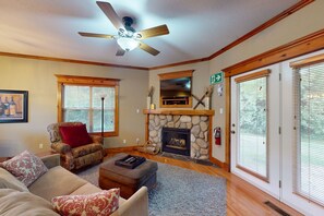 Télévision, cheminée, chaîne hi-fi