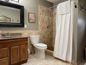 Combined shower/tub, hair dryer, towels, soap