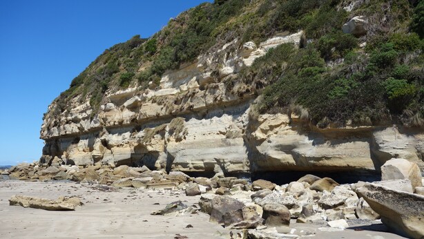 A coastal landscape with a rocky cliff and a sandy beach. - Black Bluff View Retreat - a large comfortable 5 bedroom house on 40 hectares. (North Motton)