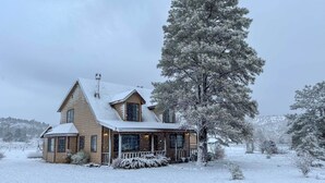 Eine Holzhütte mit verschneitem Dach und einem großen Nadelbaum davor.