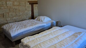 Une chambre avec deux lits simples, un mur en pierre et une étagère en bois.