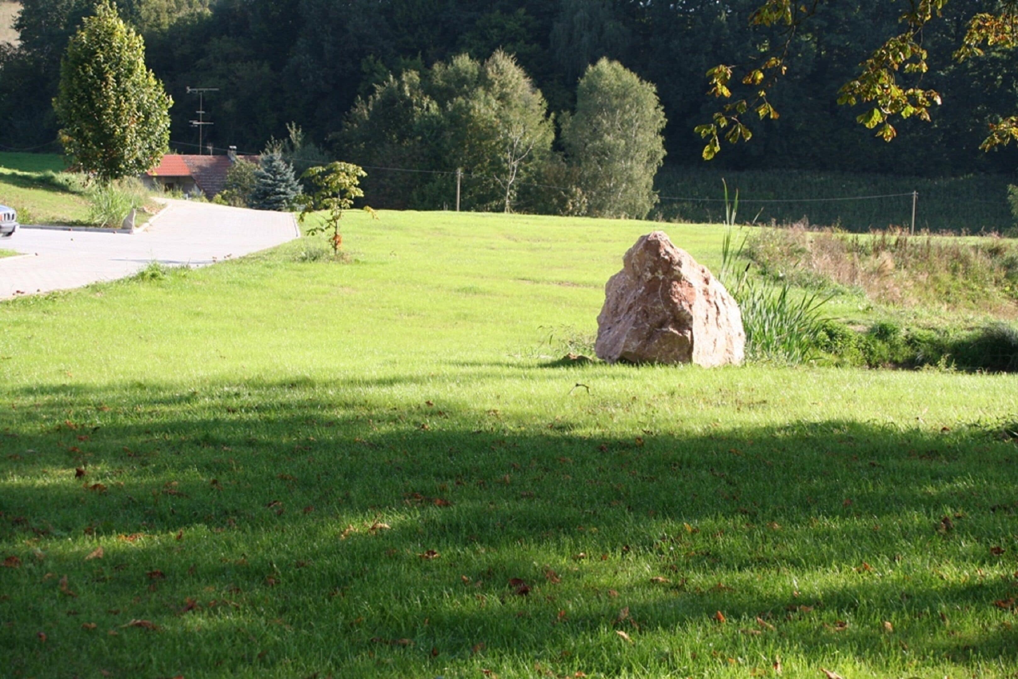 Ein grünes Feld mit einem großen Felsen und einer Straße im Hintergrund.