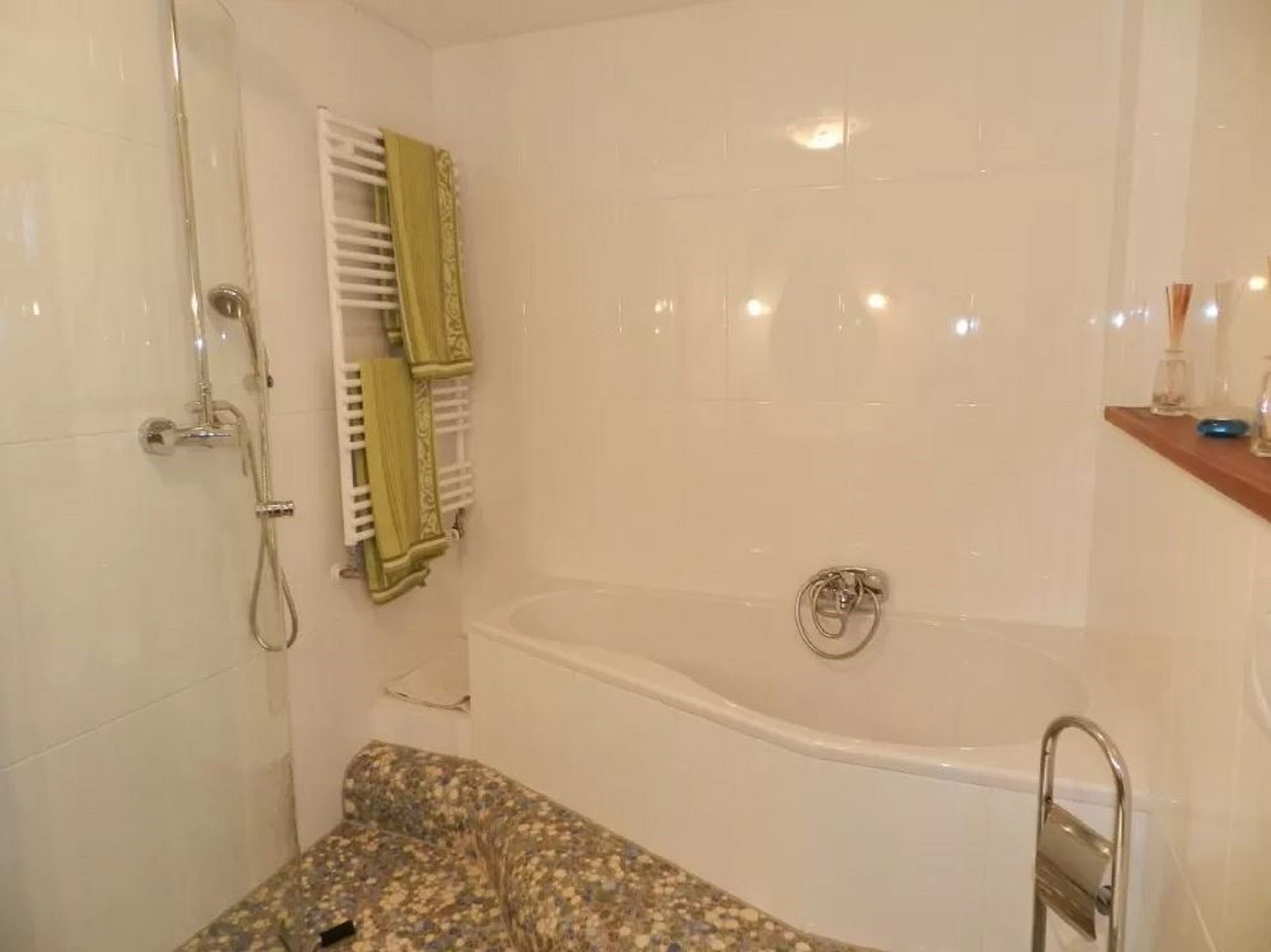 Habitación doble | Baño | Ducha, secador de pelo y toallas