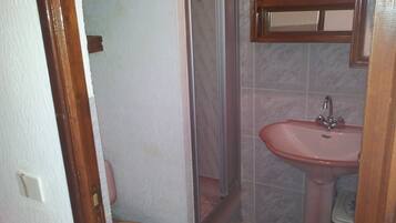 Une salle de bain avec une porte en bois, des toilettes, une douche et un lavabo avec un miroir au-dessus.