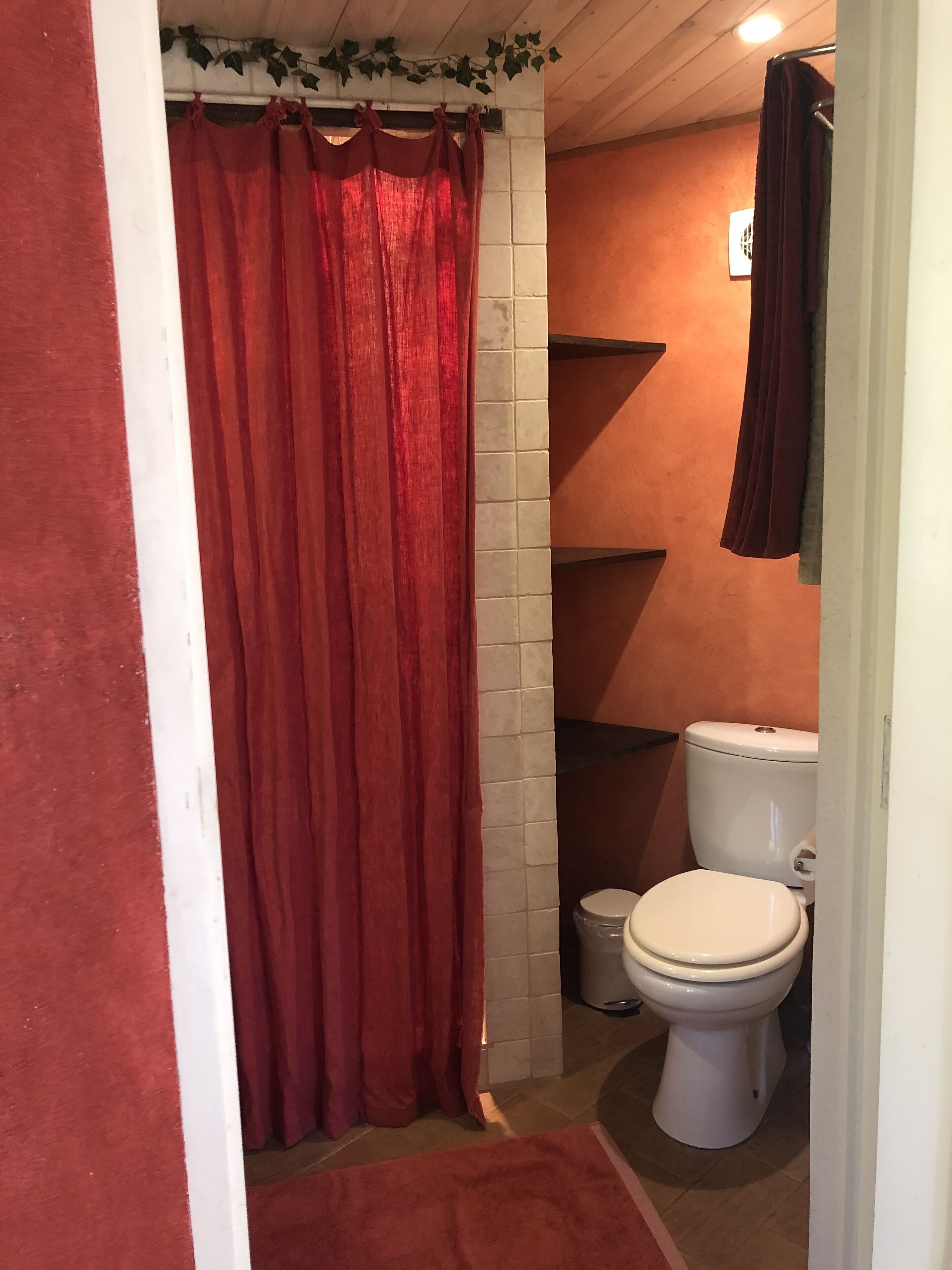 Une salle de bain avec un rideau de douche rouge, des carreaux blancs, des toilettes blanches et un tapis de sol marron.