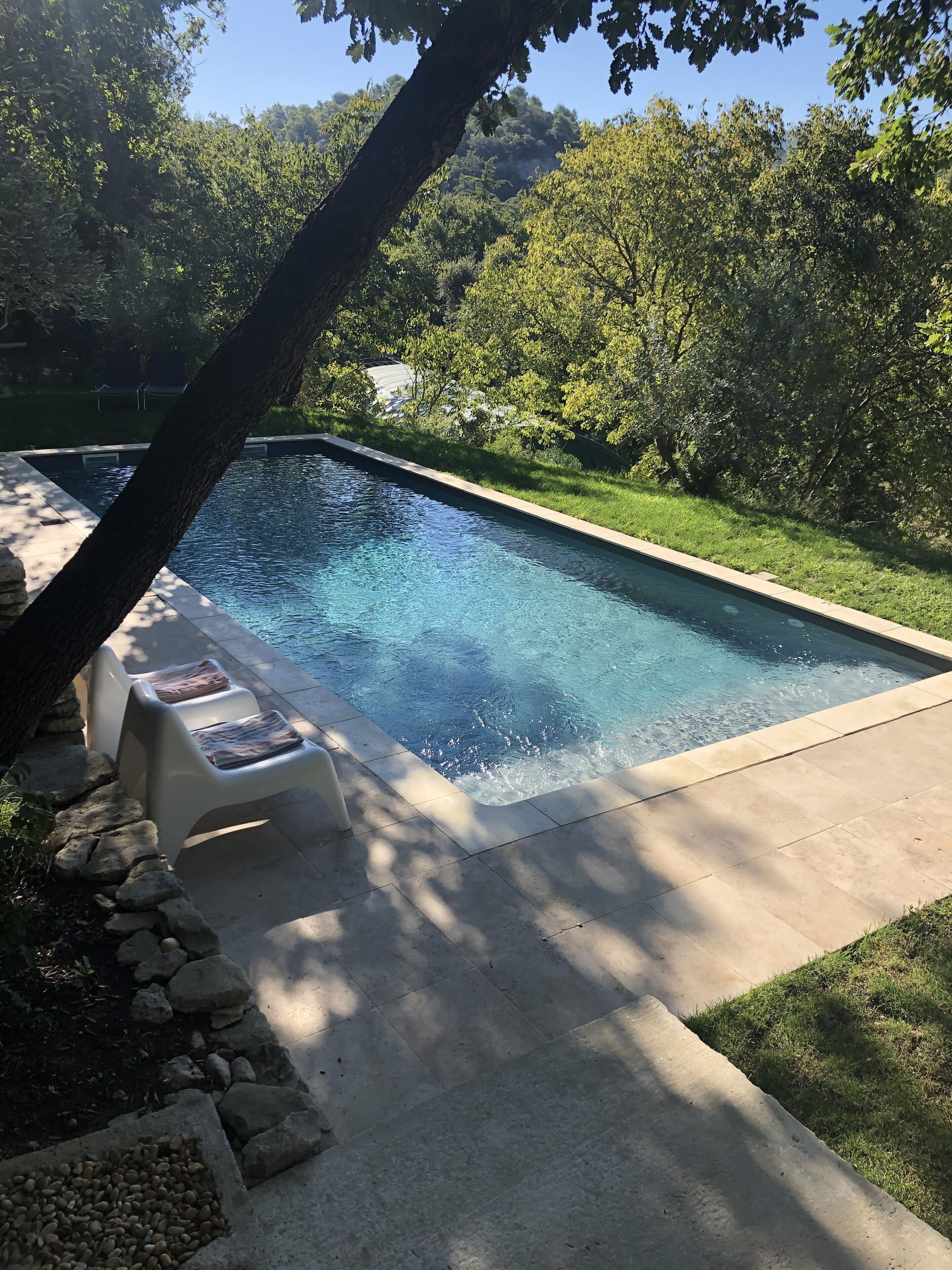 Une piscine rectangulaire à l’eau d’un bleu limpide, bordée d’une murette en pierre et d’une terrasse en béton. On y trouve deux chaises longues blanches, sur lesquelles sont posés des journaux, et un arbre qui obstrue partiellement la vue.