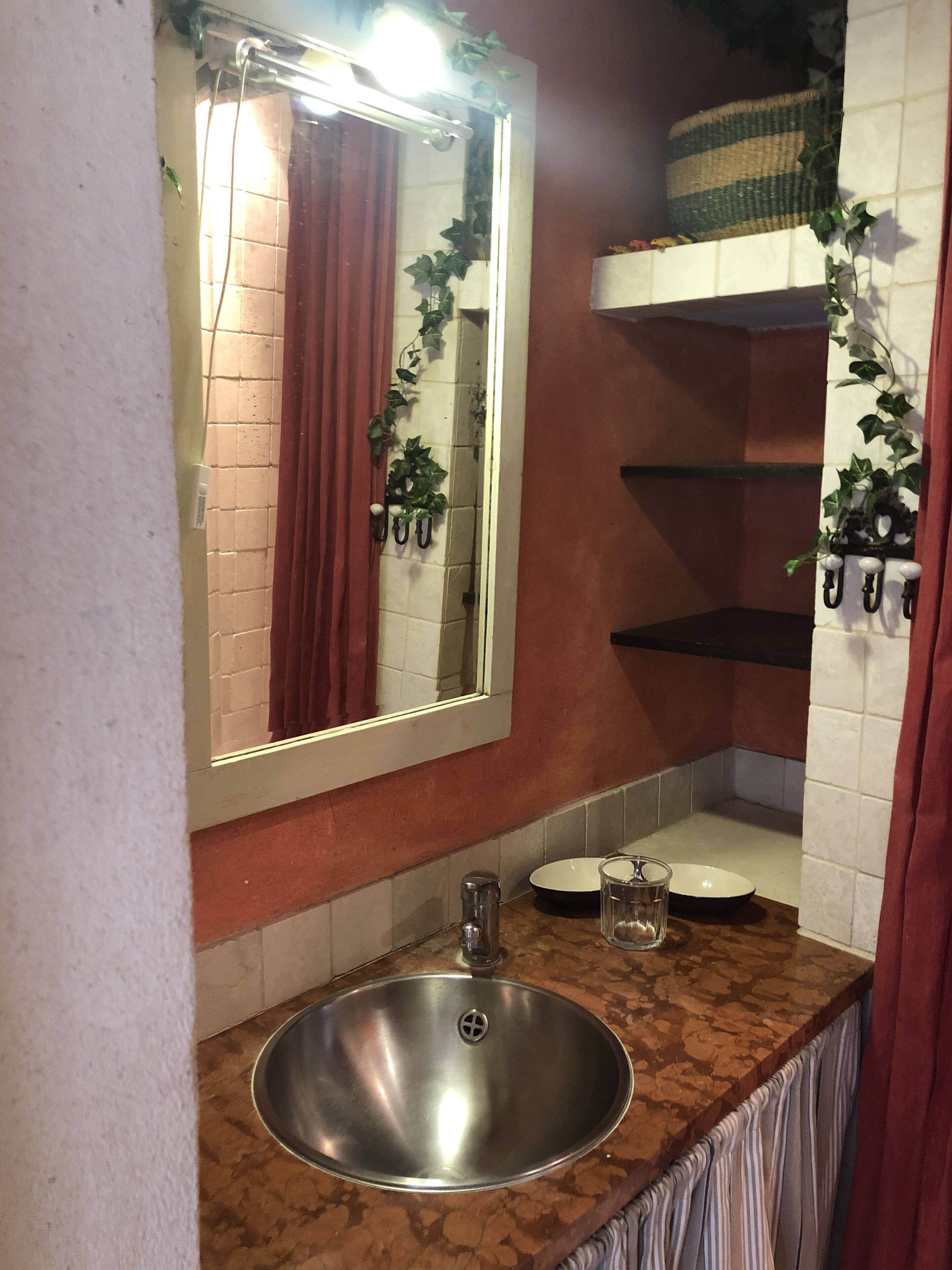 Un baño con un lavamanos de acero inoxidable, un espejo con luz y estantes con plantas.