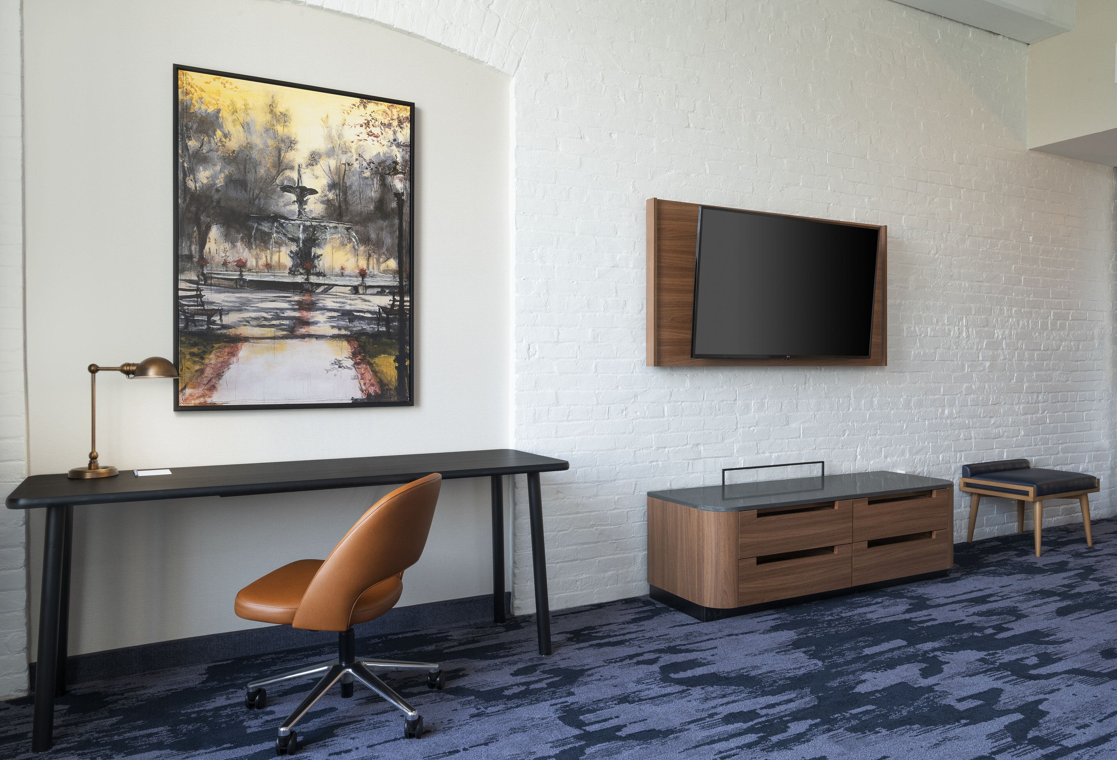 down duvets, desk, laptop workspace, blackout curtains