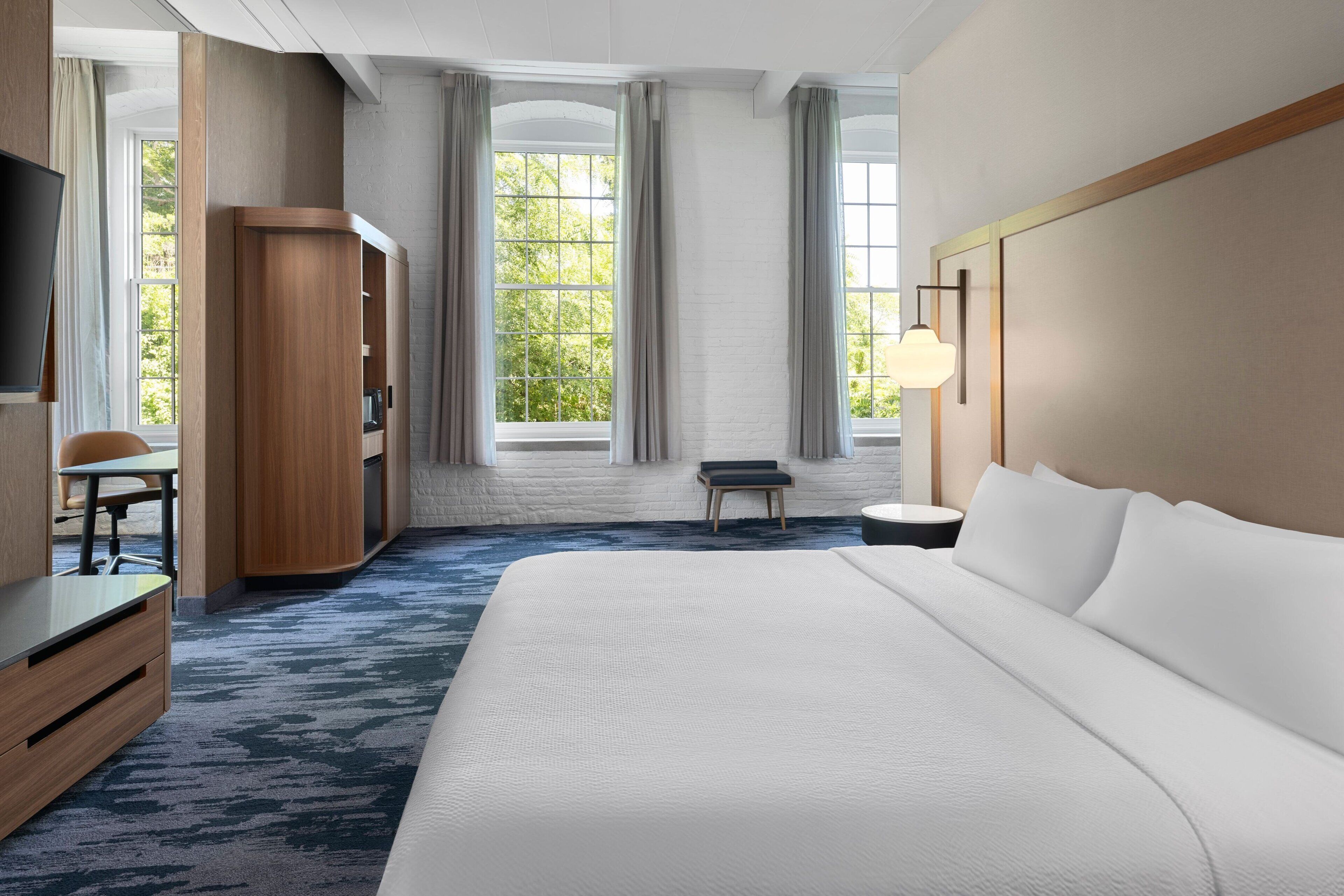 down duvets, desk, laptop workspace, blackout curtains