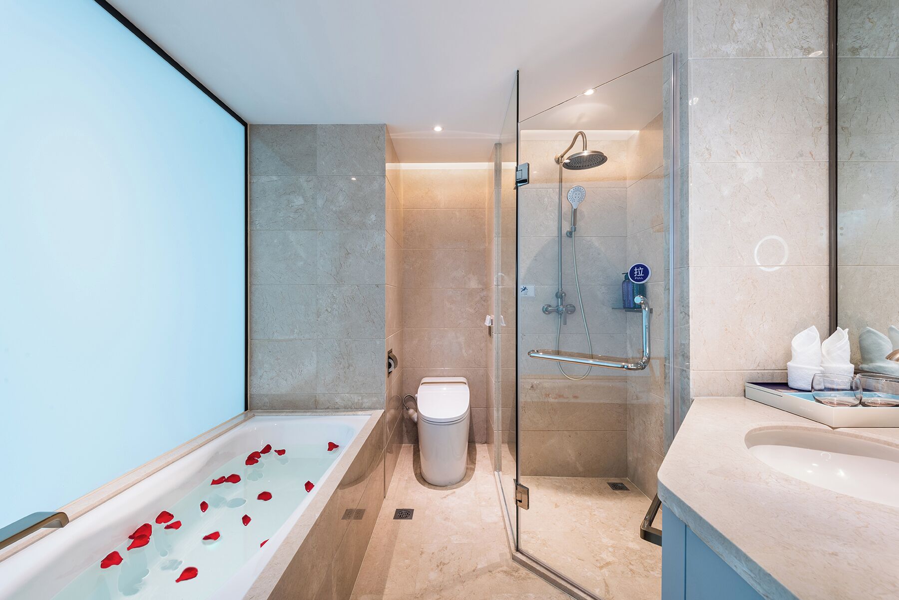 Un bany modern amb dutxa de vidre, banyera amb pètals de rosa, vàter i un lavabo amb mirall.