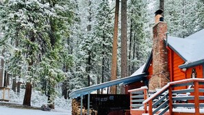 Eine Holzhütte mit einer hölzernen Treppe, die zu einer überdachten Veranda führt, umgeben von schneebedeckten Bäumen.