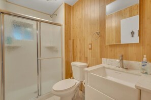 A bathroom with a glass shower enclosure, a toilet, a sink with a mirror, and a bottle of Dial hand soap on the counter. - Luxe Private Mountainside Getaway in Pioneer! (Pioneer)