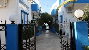 A narrow pathway leading to a building with blue and white exterior walls, a gate with a decorative design, and a palm tree. - Creta Sun Apartments (Ierapetra)