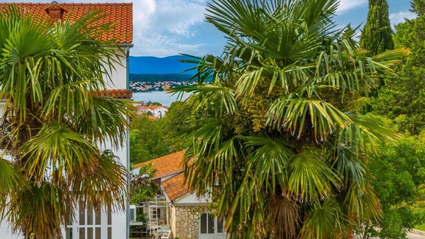 A coastal view with a house featuring a red-tiled roof, surrounded by lush greenery and palm trees.