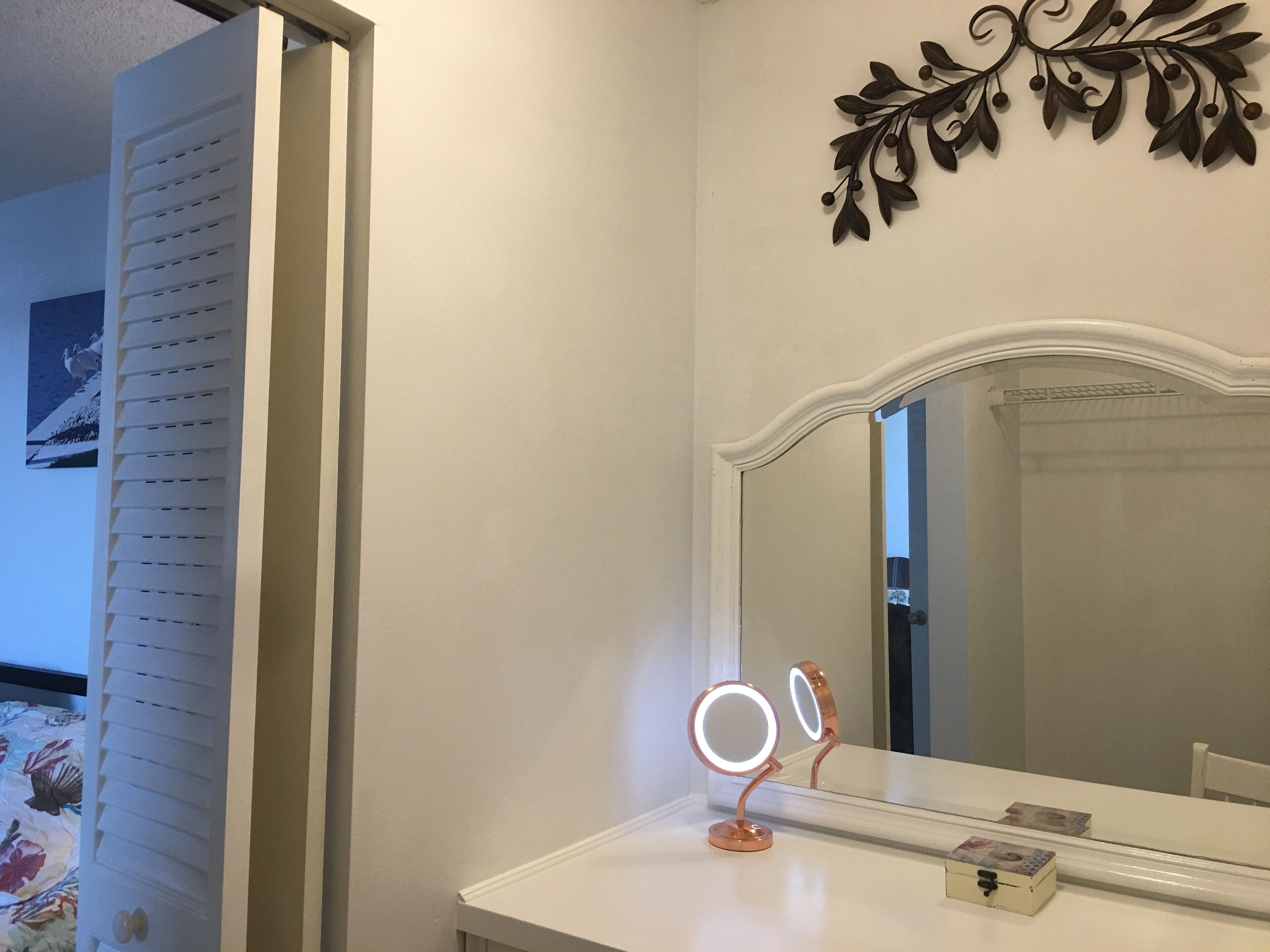 A bathroom with a white vanity, a mirror with a decorative leaf design above it, and a lighted vanity mirror.
