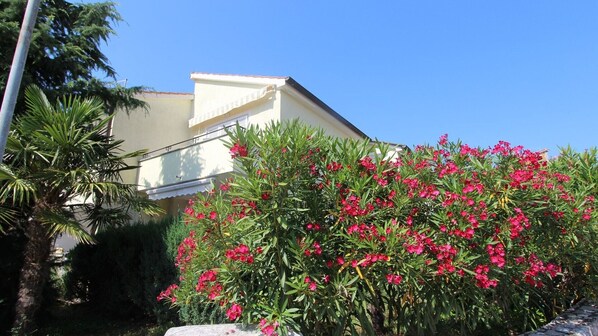 Ein Gebäude mit weißer Fassade und einem Balkon, umgeben von üppigem Grün und leuchtend rosa Blüten.