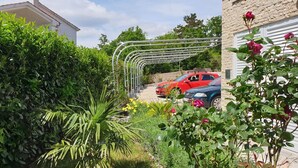 A residential area with a garden, a metal fence, and two parked cars.