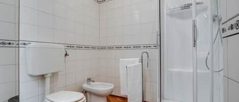A modern bathroom with a toilet, bidet, and a walk-in shower.