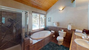 Combined shower/tub, hair dryer, towels - Views | Hot Tub | Pool Table | Peralta Pines Cabin (Angel Fire)
