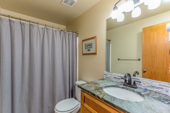 A bathroom with a shower curtain, toilet, sink with a marble countertop, and a wooden door.