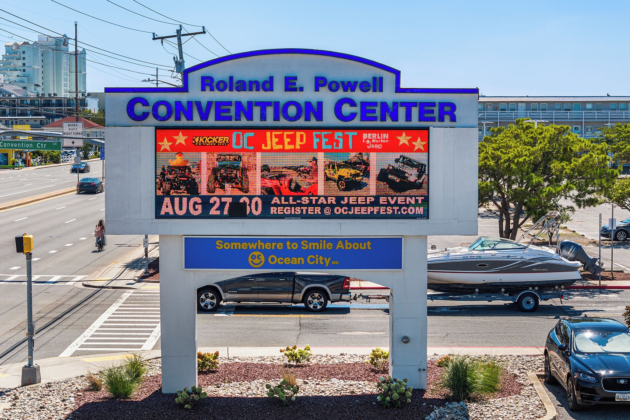 A sign for the Roland E. Powell Convention Center advertising an All-Star Jeep Event on August 27-30.