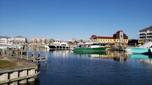 A marina with boats docked, a wooden pier, and buildings in the background.