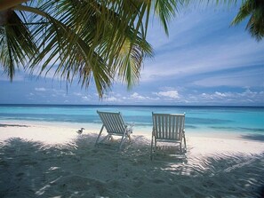 A beach with two white lounge chairs under a palm tree, a clear blue sky, and calm turquoise waters.