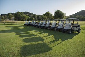 Una fila de carritos de golf alineados en un campo de golf bien cuidado, con cielo despejado y árboles al fondo.