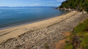 Une plage à l’eau claire, un rivage sablonneux et une colline boisée.