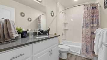 Combined shower/tub, hair dryer, towels, soap