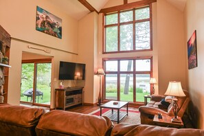 Smart TV, fireplace, books