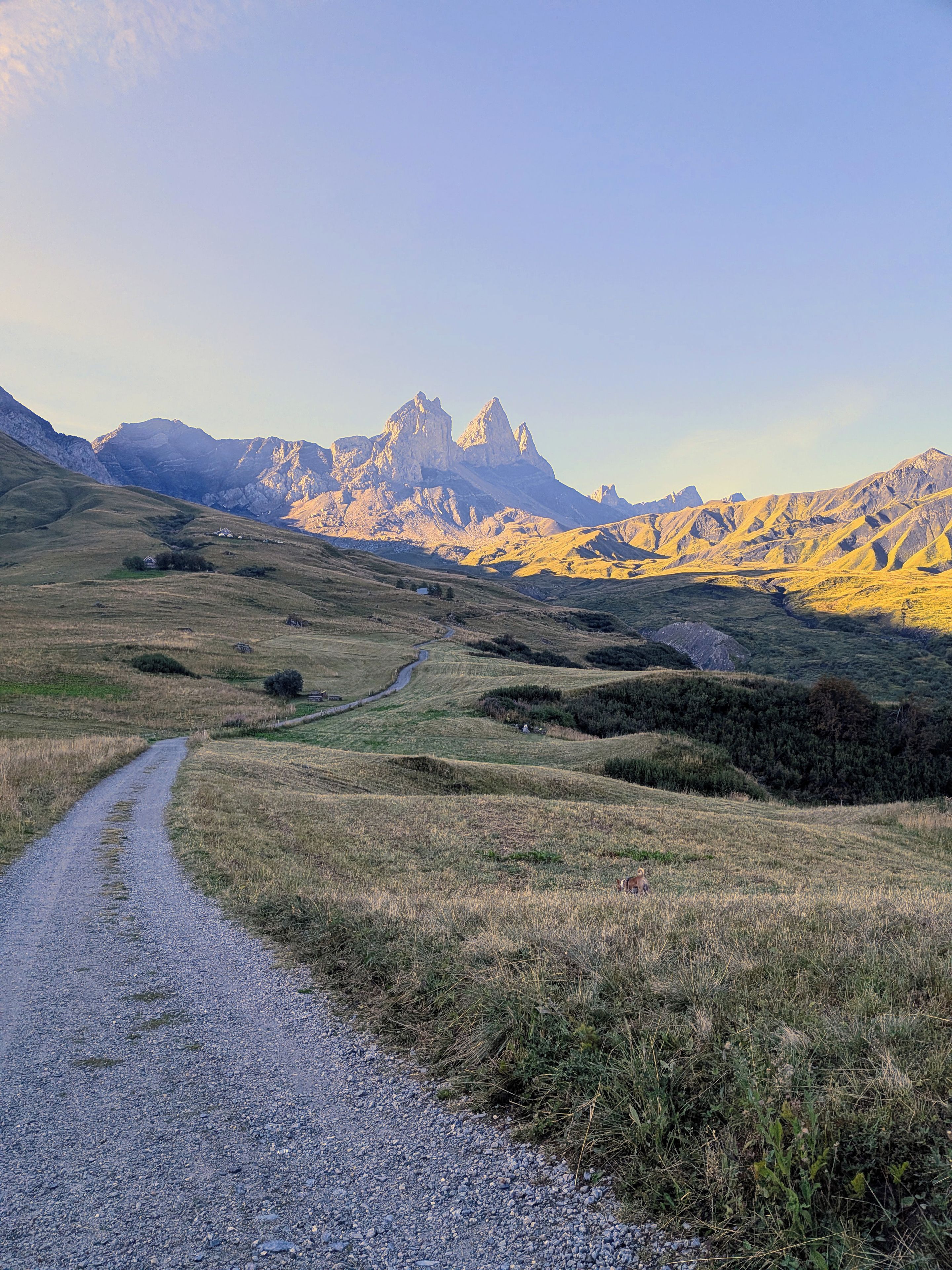 Un sentier de gravier traverse un paysage vallonné, avec une chaîne de montagnes en arrière-plan.