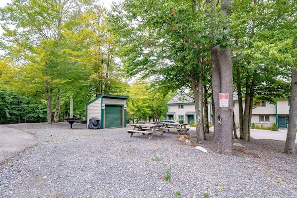 A campground with picnic tables, a shed, and a building with a green door.
