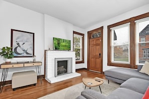 TV, fireplace, books