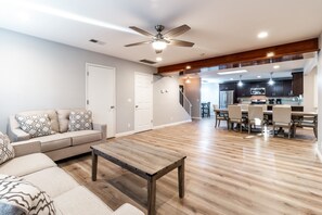 Smart TV, fireplace, foosball, table tennis