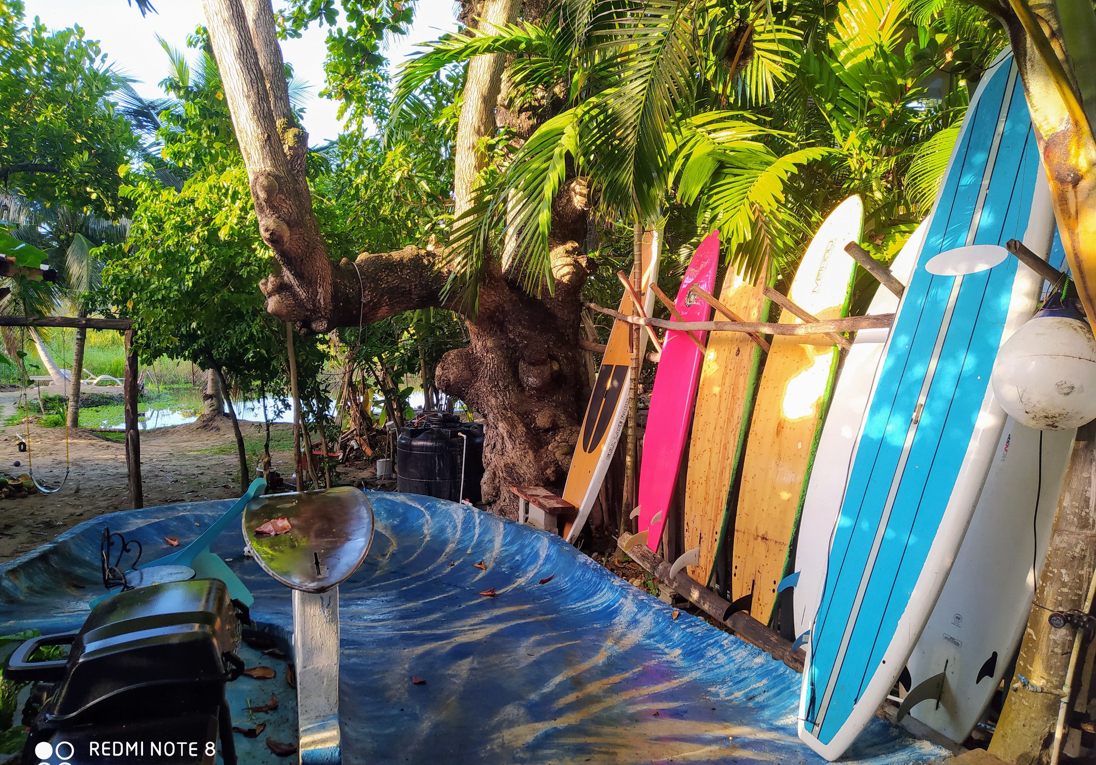 Un entorno frente al mar con tablas de surf, un tobogán acuático y un columpio.