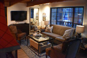 TV, fireplace, books