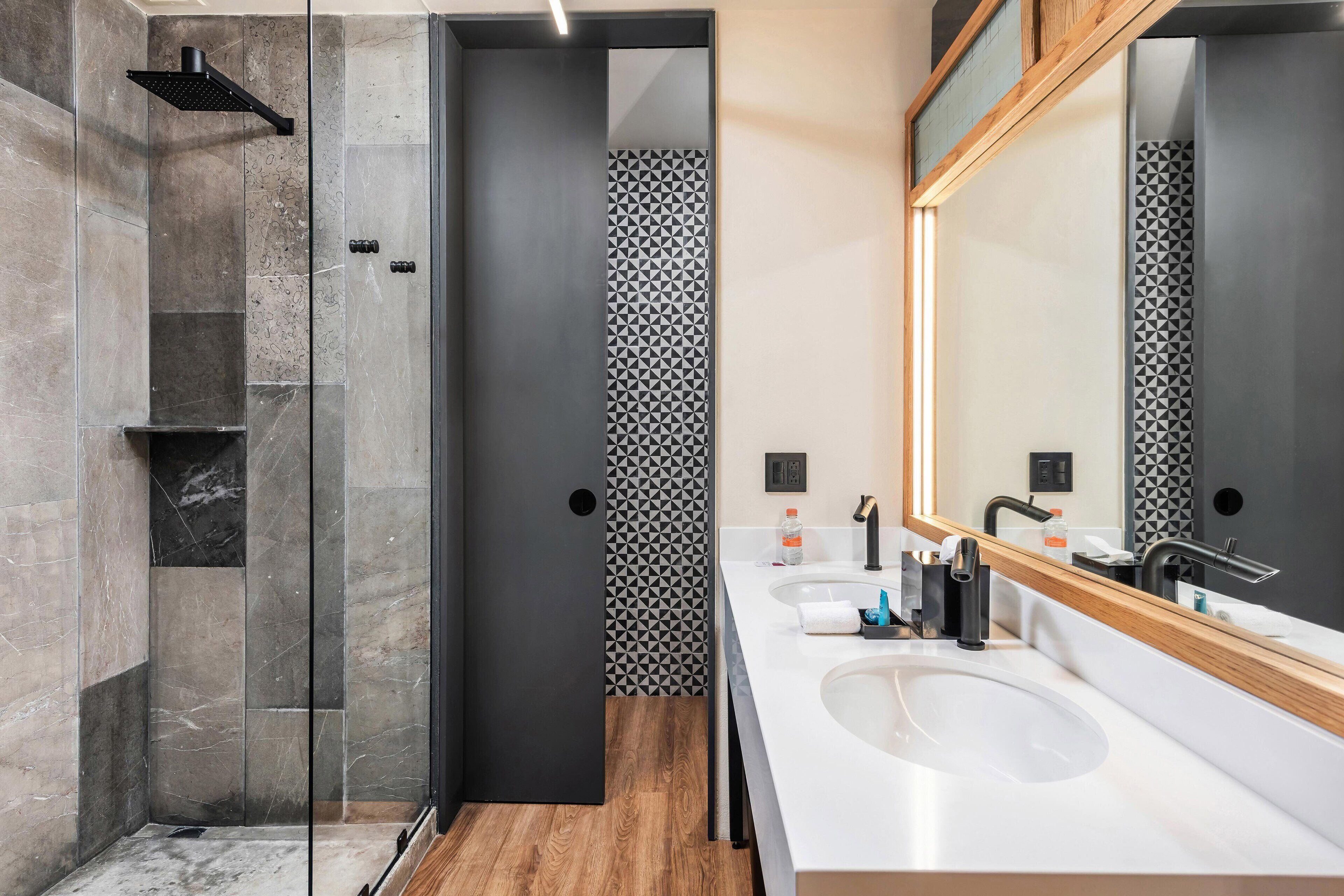 shower, rainfall showerhead, designer toiletries, hair dryer