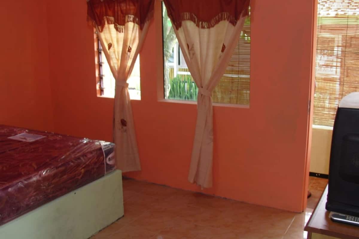 A room with a bed, a window with curtains, and a television.