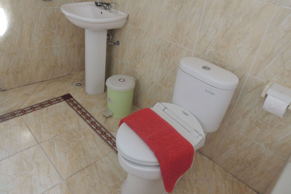 A bathroom with a pedestal sink, toilet, and trash can.