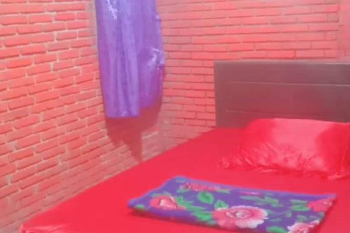 A room with a brick wall, a bed with a red mattress and a floral pillow, and a purple curtain.