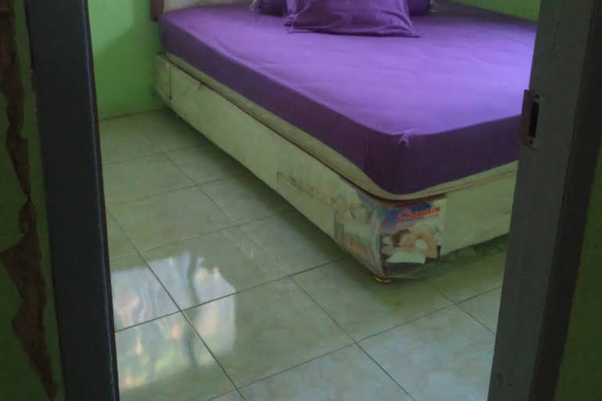 A room with a bed, green walls, and a window with curtains.