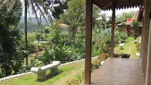 Un espacio exterior cubierto con un banco, rodeado de exuberante vegetación y vistas a edificios distantes.
