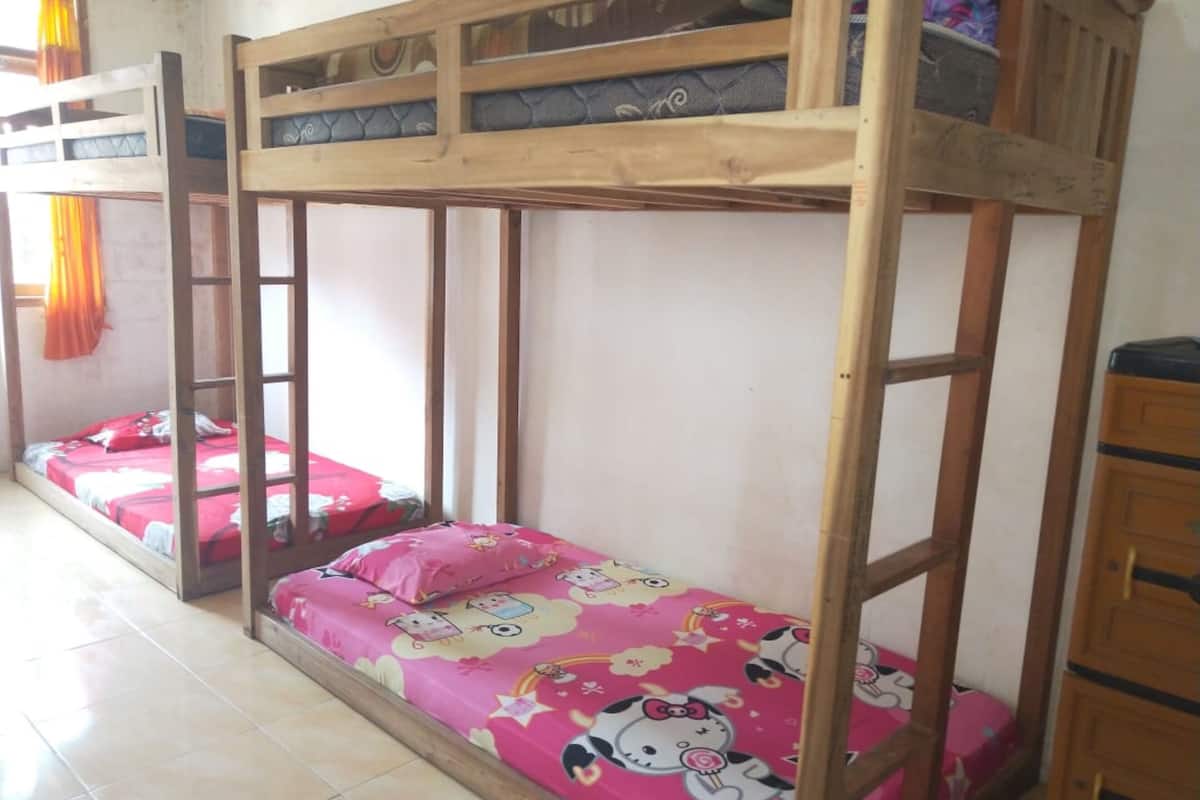 A bunk bed room with a wooden frame, pink bedding, and a small wooden dresser.