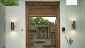 Uma porta de madeira com painéis decorativos e uma parede de concreto. Há duas plantas em vasos em cada lado da porta.
